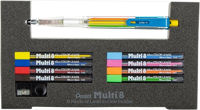 Pentel 8 Color Automatic Pencil Box Set, Assorted Accent Clip Colors, 8 Color Lead Refills and Sharpener (PH158-ST)