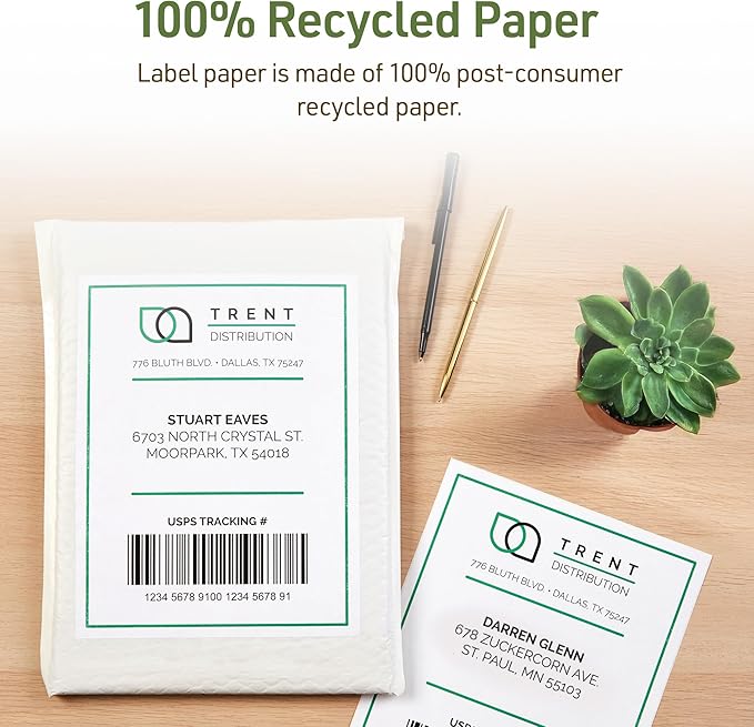 Avery EcoFriendly Recycled Shipping Labels, 5.5" x 8.5" Half-Sheet Labels, White, Permanent Adhesive, Laser & Inkjet Printers, 20 Total, Great for Mailing, Product Merchandising, and More (48808)