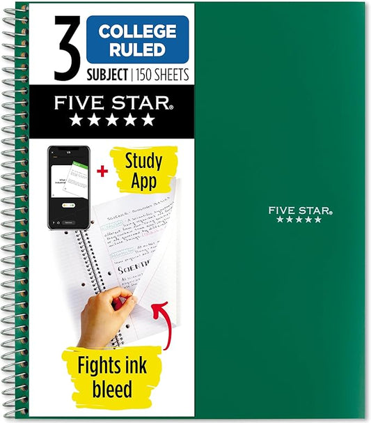 Five Star Spiral Notebook + Study App, 3 Subject, College Ruled Paper, Fights Ink Bleed, Water Resistant Cover, 8-1/2" x 11", 150 Sheets, Green (72067) (Pack of 6)