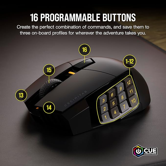 Corsair Scimitar Elite RGB Wireless MMO Gaming Mouse - 26,000 DPI - 16 Programmable Buttons - Up to 150hrs Battery - iCUE Compatible - Black