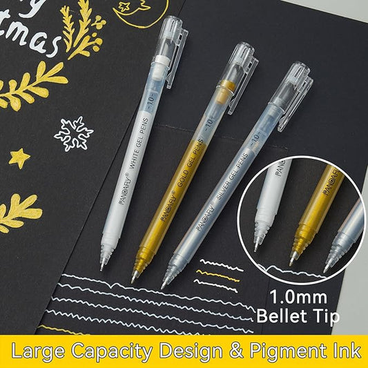 PANDAFLY Gold Silver White Gel Pens, 1mm Extra Fine Point White Pen for Art Highlight & Artists Drawing, Opaque Archival Ink Pens for Black Paper Drawing, Sketching, Illustration, Card Making, 5 Pack