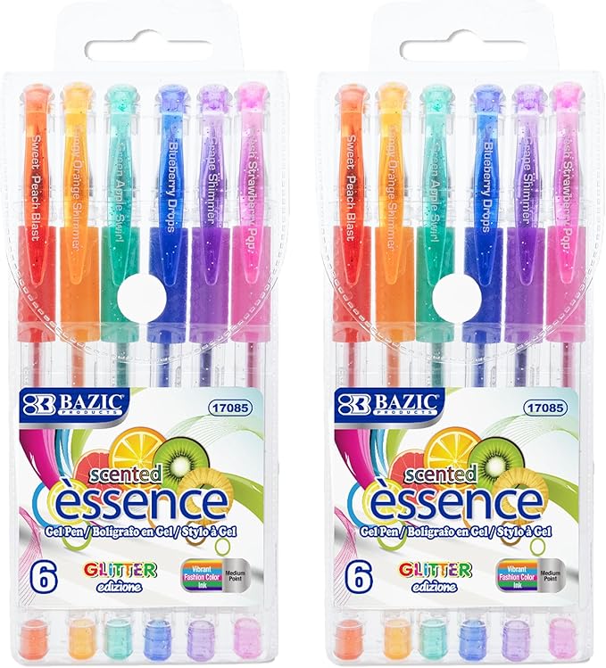 BAZIC Products Essence Scented Glitter Color Gel Pen, Comfort Grip Acid Free Smooth Writing for Drawing Coloring Greeting Card Art Gift (6/Pack), 2-Packs