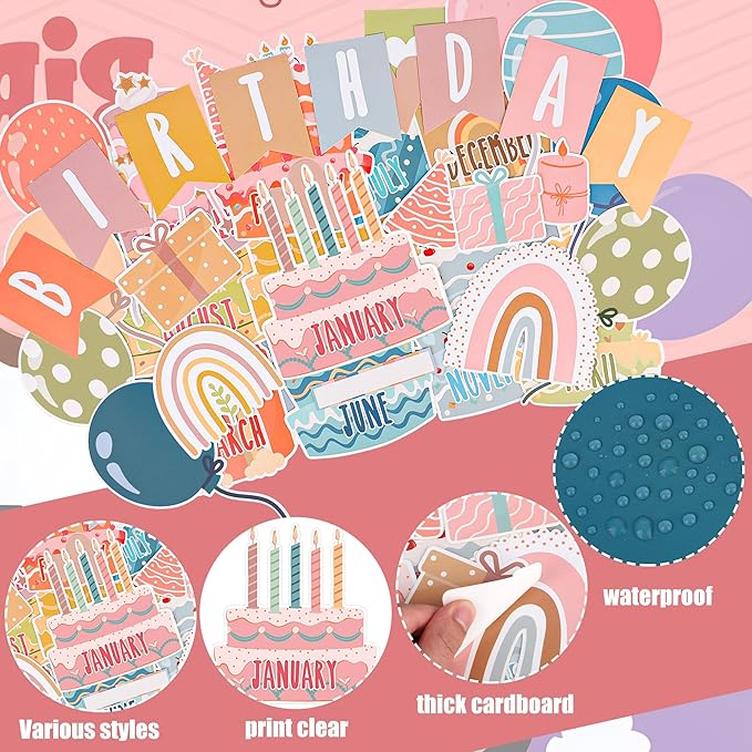 87 Pcs Boho Birthday Bulletin Board Decorations Boho Classroom Bulletin Decor Happy Birthday Board Cutouts for School Classroom Chart Calendar Wall Decor