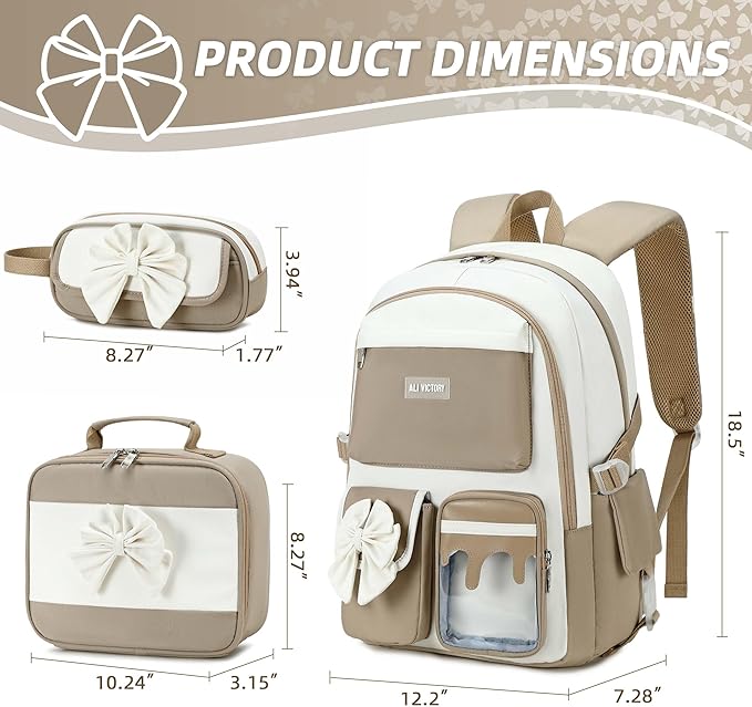 School Backpack for Girls 3PCS Nylon Kids Backpack Set with Lunch Box & Pencil Pouch, Cute Lightweight Teen Girls School Bag Laptop Bag Travel Daypack for Elementary Middle High School Beige Brown