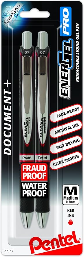 Pentel EnerGel Pro Permanent Gel Ink Pen, (0.7mm) Medium Point, Red Ink, 2-Pk (BLP77BP2B), 2 Pack