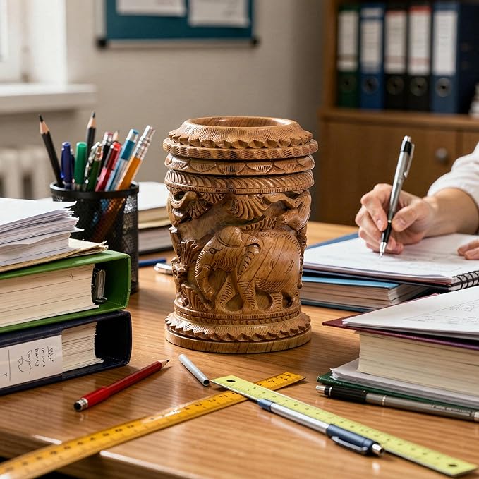 Craft Trade Hand Carved Wood Pen Holder for Desk Organizer for Home School Office Supplies Pencil Cup Pot Storage Box Suitable for Stationery - Camel Brown