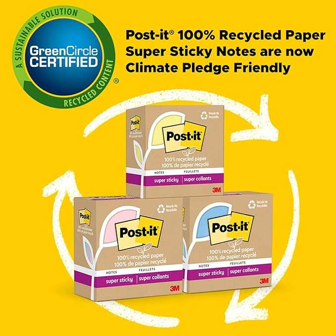 Post-it 100% Recycled Paper Super Sticky Notes, 3 in. x 3 in., 24 Pads, 70 Sheets per Pad, Oasis Collection, School Supplies and Office Products
