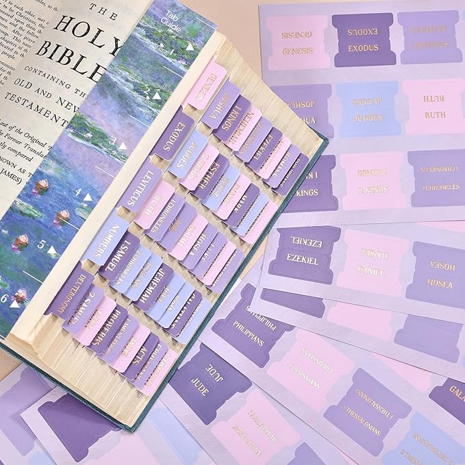 Bible Tabs, 66 Gold Foil Lettering Chapter Labels + 39 Blank Water Lilies Theme Laminated Index Tabs with Alignment Ruler, Bible Journaling Study Supplies for Women & Men, Bible Sticker Accessories