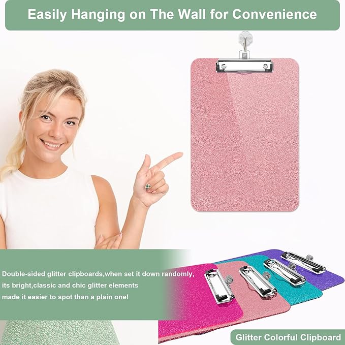 1 Pcs Clear Glitter Clipboards, Plastic Clipboard with Pen Holder, Size 8.85 x 12.4 in Shiny Clipboards with Low Profile Clip, Cute Hanging Clipboard for Office School Supplies Sparkly Clip board-Pink
