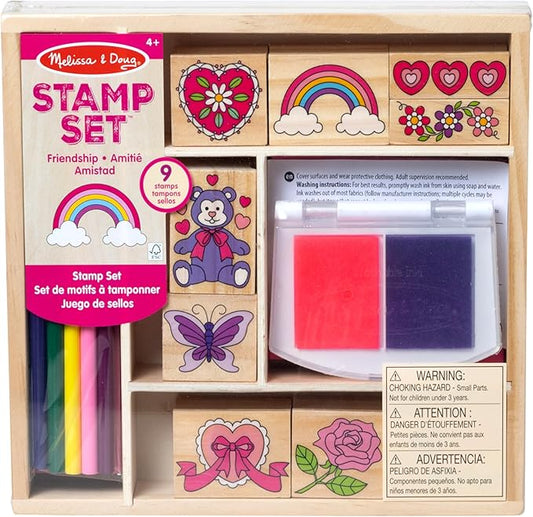 Melissa & Doug Wooden Stamp Set: Friendship - 9 Stamps, 5 Colored Pencils, and 2-Color Stamp Pad - FSC Certified