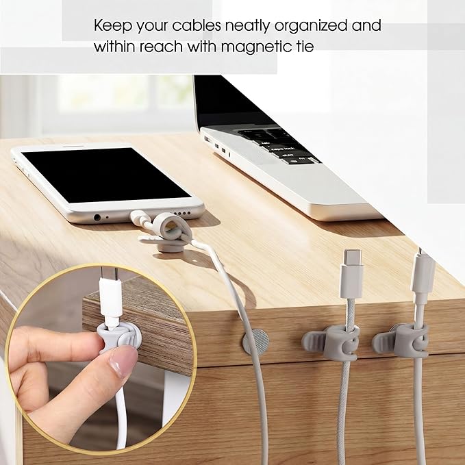 Geelin 10 Pack Magnetic Silicone Cable Ties bulk Reusable Cable Organizer Straps for Cord Management Magnetic Wire Ties for USB Cables Headphones Charger Cords Curtain Towel Straps(Gray)