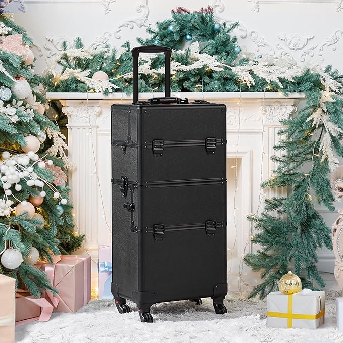 Yaheetech Makeup Train Case 3 in 1 Professional Cosmetic Trolley Multi-Functional Organizers Large Storage Traveling Cart Trunk for Nail Tech - Black