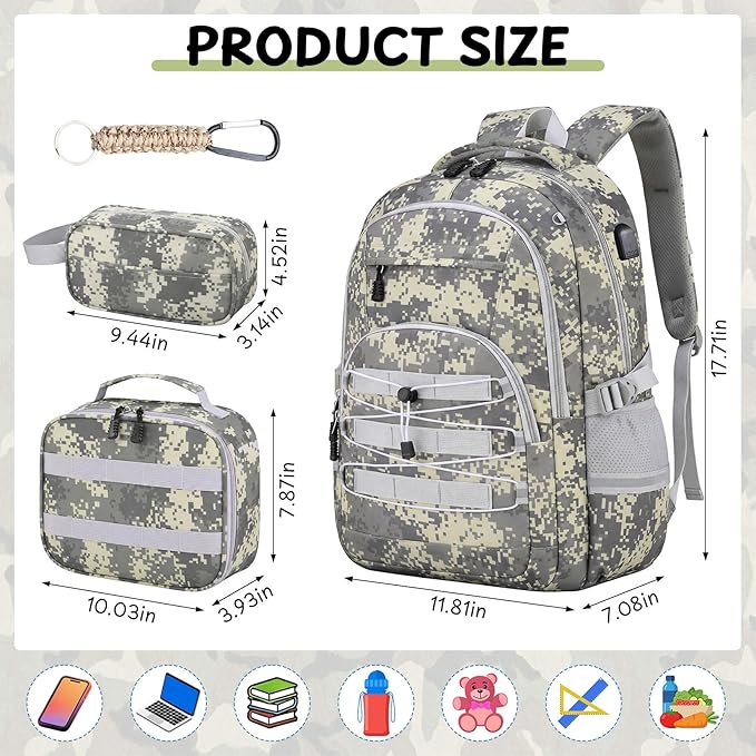 School Backpacks for Boys - 4pcs Camo Boys Backpacks with Lunch Box Set for Kids Teens Elementary Middle School, 18″ Large Capacity Students Bookbag, Perfect for Travel
