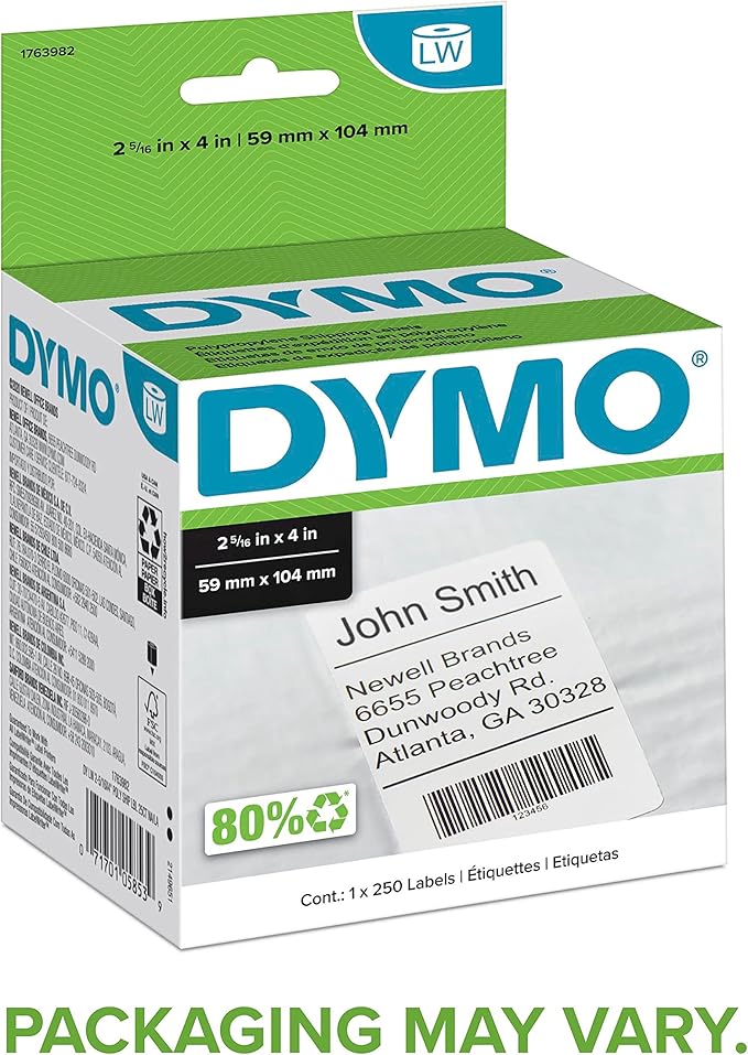 DYMO LW Shipping Labels for LabelWriter Label Printers, White, (2-5/16 x 4)-Inch, 1 roll of 250 (1763982)