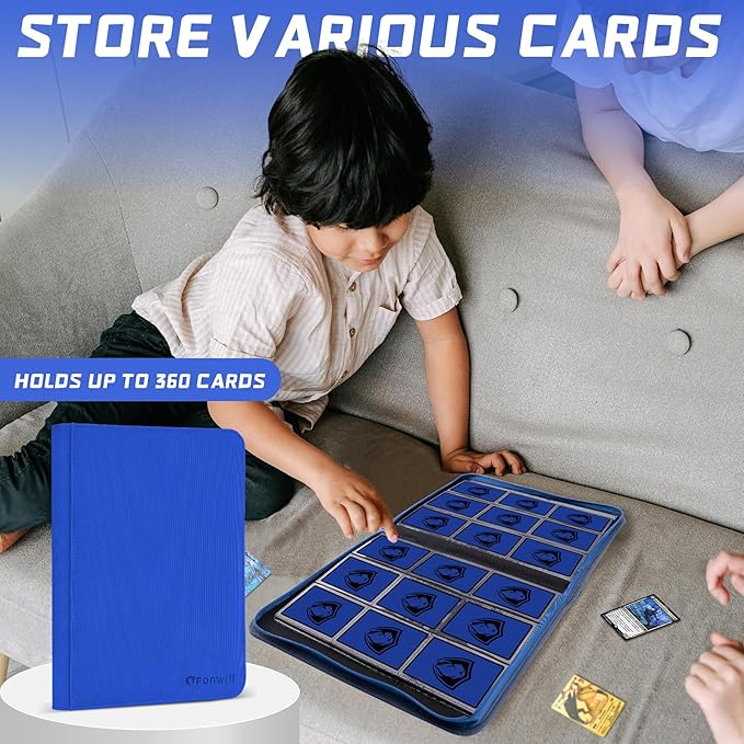 Premium Card Binder 9 Pocket, 360 Pockets Trading Card Holder Book, Premium PU Cover Zip Folder Binder, Side Loading Carrying Case Binder Album for TCG, MTG,Sports Cards, Game Cards (Blue)