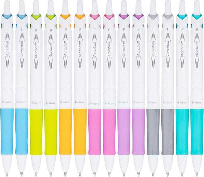 PILOT Acroball PureWhite Advanced Ink Refillable & Retractable Ball Point Pens with Assorted Accents, Fine Point, Black Ink, 14-Pack (14691)