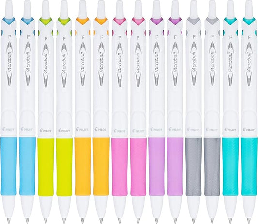 PILOT Acroball PureWhite Advanced Ink Refillable & Retractable Ball Point Pens with Assorted Accents, Fine Point, Black Ink, 14-Pack (14691)