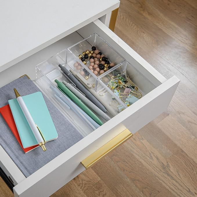 Martha Stewart Brody Desktop Storage Organizer, Stack and Slide Plastic Organizer Tray, Organizer for Office, Kitchen, or Vanity, 2-S, 1-M