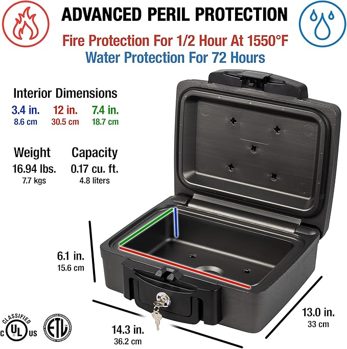 SentrySafe Fireproof and Waterproof Safe, Black Portable Lock Box with Key Lock and Carrying Handle for Money, Passport, Exterior: 14.3 in W x 13 in D x 6.1 in H, ‎H0100