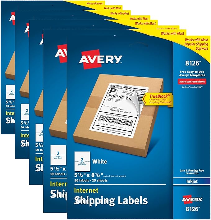 Avery Half-Sheet Printable Shipping Labels,5.5" x 8.5" Customizable Stickers,White,50 per Pack,100 Blank Mailing Labels Total,Great for Mailing,Shipping,Organizing,and More (8126), 2 Count (Pack of 4)