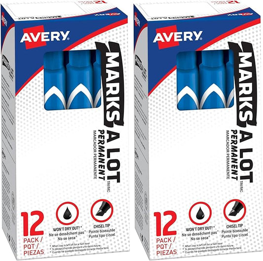 AVERY Marks-A-Lot Permanent Markers, Large Desk-Style Size, Chisel Tip, Water and Wear Resistant, 12 Blue Markers (08886) (Pack of 2)