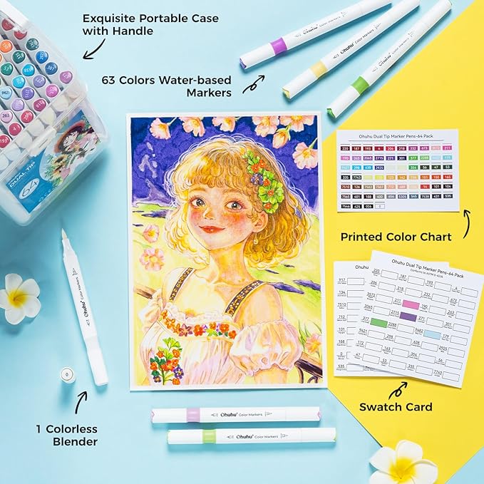 Ohuhu Markers for Adult Coloring Books No Bleeding 64 Colors Brush & Fine Water-based Coloring Markers Dual Tips Drawing Pens for Kids Adults Beginners Lettering Journaling