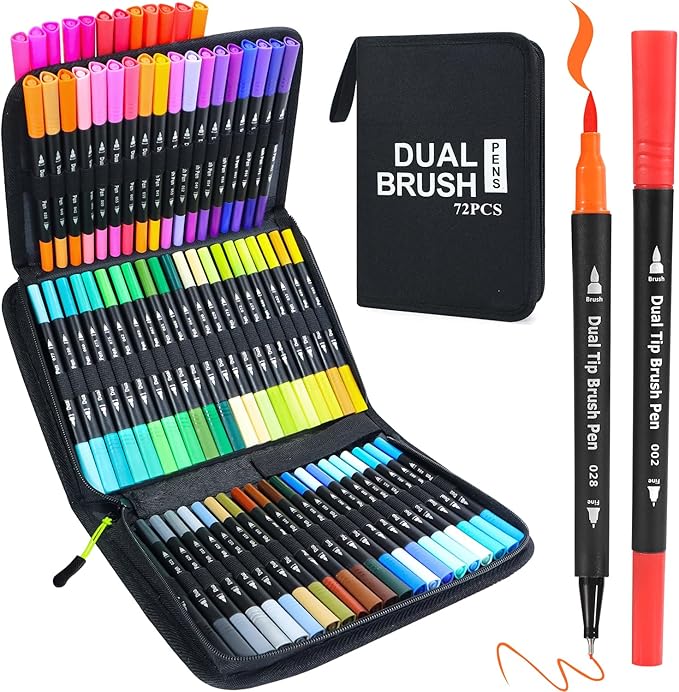 Art Markers Pens Dual Tip Coloring Markers Set with Brush & Fine Nib for Adult Coloring Book Cut Gifts Professional Calligraphy & Drawing Art Supplies for Note Taking Journal (72 Colors)