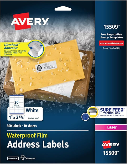 Avery Waterproof Printable Address Labels with Sure Feed, 1" x 2-5/8", White, Ultrahold Permanent Adhesive, Laser Printers, 300 Blank Mailing Labels, Great for Mailing, Branding, and More (15509)