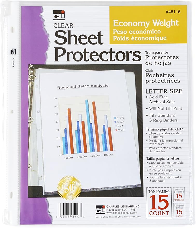Charles Leonard Sheet Protectors, Top Loading with Binder Holes, 2 Mils Economy Weight, Letter Size, Clear, 15-Pack (48115)