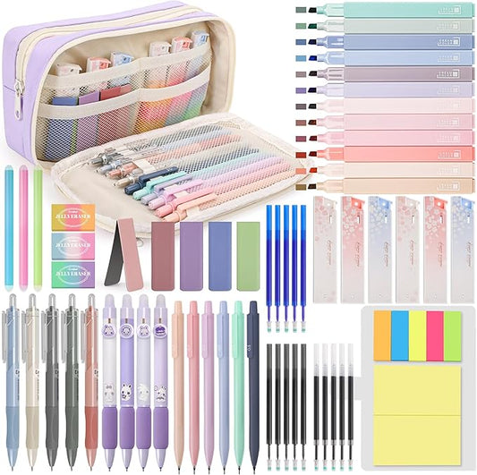 61 PCS Aesthetic School Supplies with Cute Pen Case, Pastel No Bleed Highlighters, Gel & Erasable Pens, Mechanical Pencils, Refills, Complete Essentials Stationery Kit for Students (Purple)