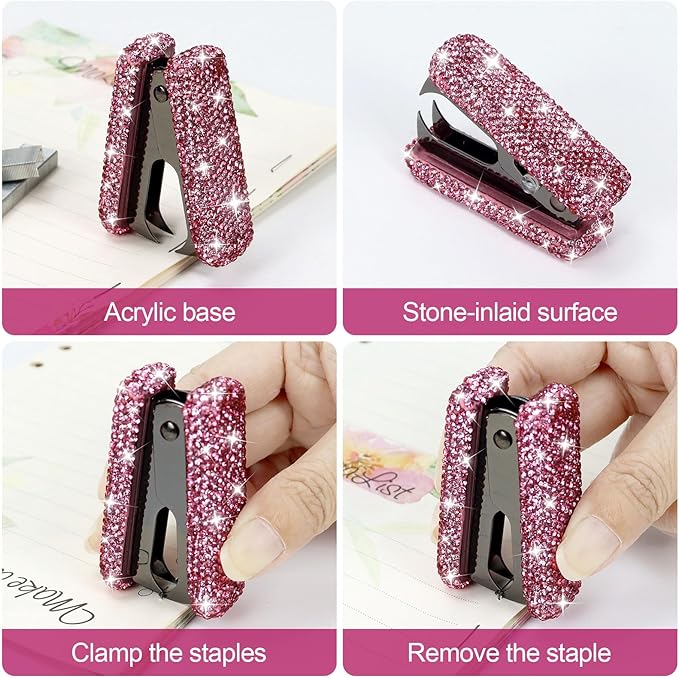 Multibey Pink Rhinestone Staple Remover, Bling Crystal Black Jaws Staples Puller Removal Tool for Desk, Dazzling Staples Puller for Home Office & School