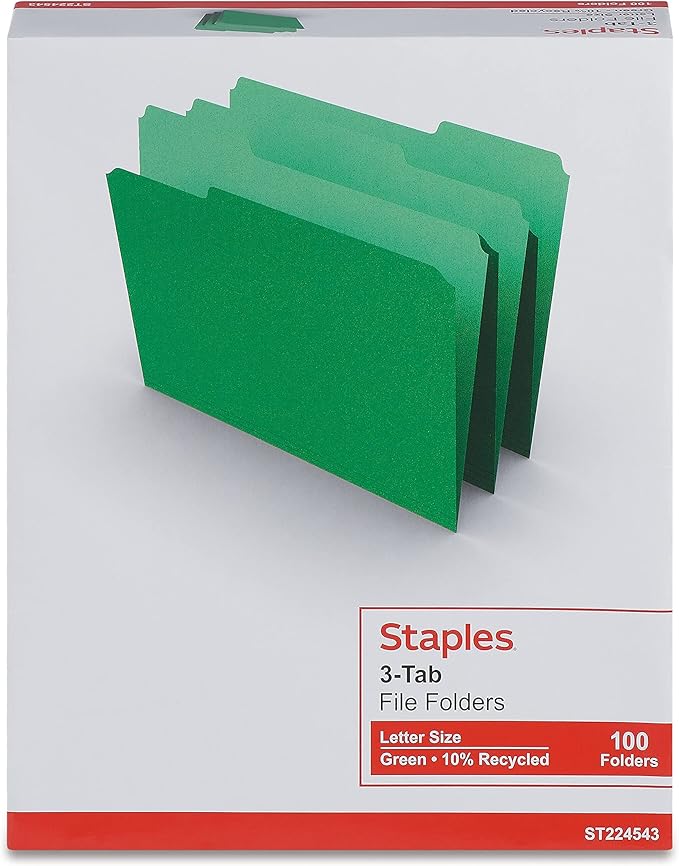 Staples File Folders, Letter Size, 1/3‑Cut Tabs, Assorted Positions, Green, Durable Paper Stock, 100/Pack