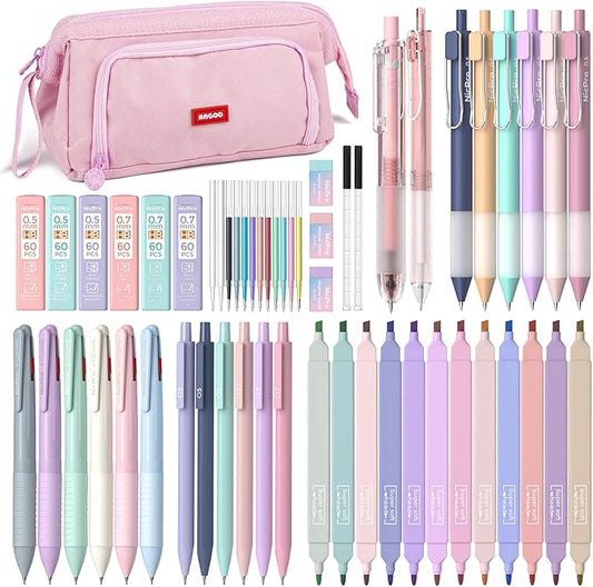 Nicpro 52PCS Aesthetic School Supplies with Cute Pencil Case, 12 Color Pastel Highlighter, 8 Gel Pens, 6 Multicolor Pen, 6 Mechanical Pencils 0.5 & 0.7 mm for Girls Student Stationary Set Preppy Stuff