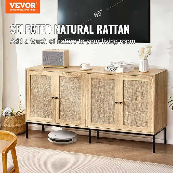 VEVOR Rattan Storage Cabinet with 4 Magnetic Doors and Adjustable Shelves, Sideboard Buffet for Hallway, Entryway, Living Room, or Kitchen, Natural