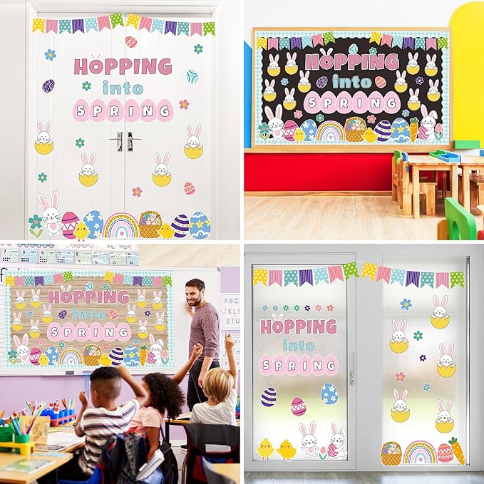 Spring Easter Bulletin Board Set Easter Bunny Eggs Bulletin Board Classroom Decorations Hopping into Spring Cutouts for Teacher Classroom School Office Chalkboard Wall Home Decor