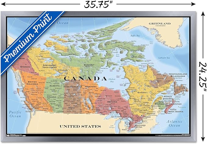 Map - Canada Wall Poster, 34L" x 22.4W", Silver Framed Version