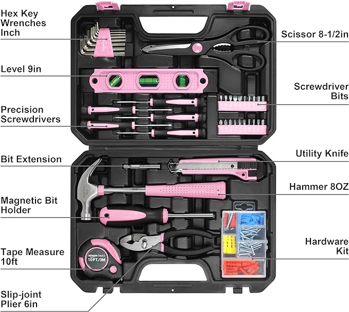 Amazon Basics 142-Piece Household Tool Kit for Home Repair,Hand Tools with Storage Case,13.39 x 9.25 x 2.95 inch,Pink,(Pack of 4)