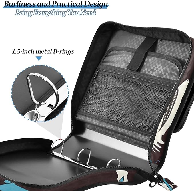 Shark Blue Ocean Black Zipper Binder Bag 3 Ring Binder with Shoulder Strap Zip Up 500 Sheets Capacity Multi Pockets for School Office Supplies