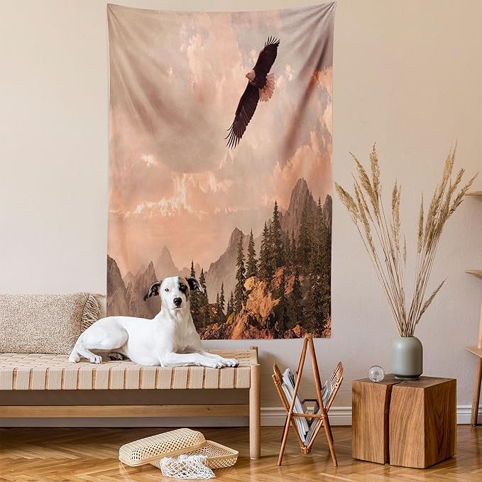 Ambesonne Eagle Tapestry Twin Size, Nature Photography of Rocky Mountains and Forest a Bird Flying over It, Wall Hanging Bedspread Bed Cover Wall Decor, 68" X 88", Rose Green