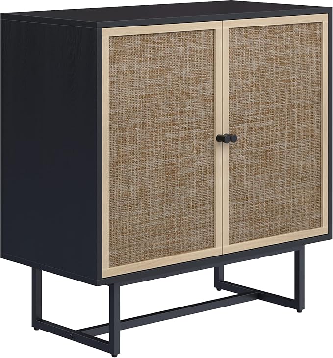 Nathan James Kova Rattan Wood Accent Sideboard Storage Cabinet TV Stand with Matte Metal Frame, Adjustable Shelves and Cane Doors, for Hallway, Entryway or Living Room, Black Oak/Cane, Set of 2