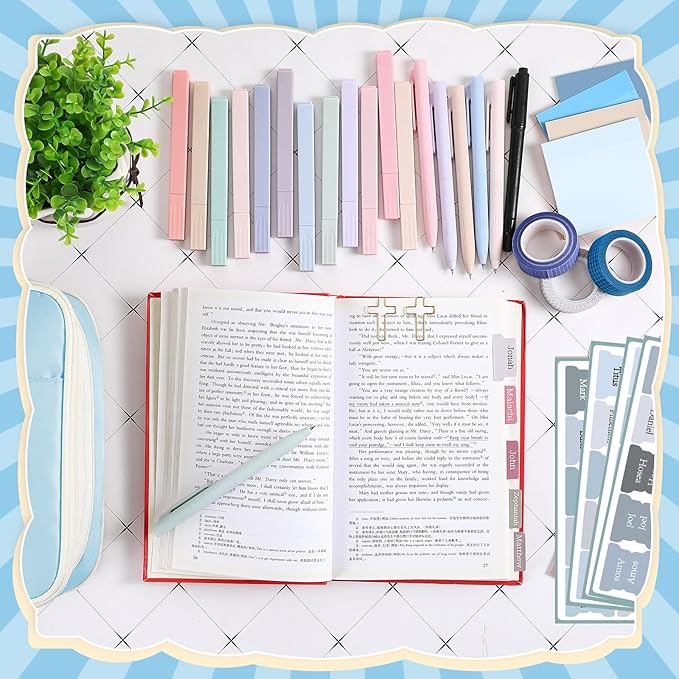 137 Pcs Bible Study Supplies Journaling Kit 1 Pencil Case 12 Highlighters 4 Sticky Notes 6 Gel Pens 35 Paper Clips 3 Tapes 1 Markers 75 Tabs for Christmas Bible School Gifts(Blue)