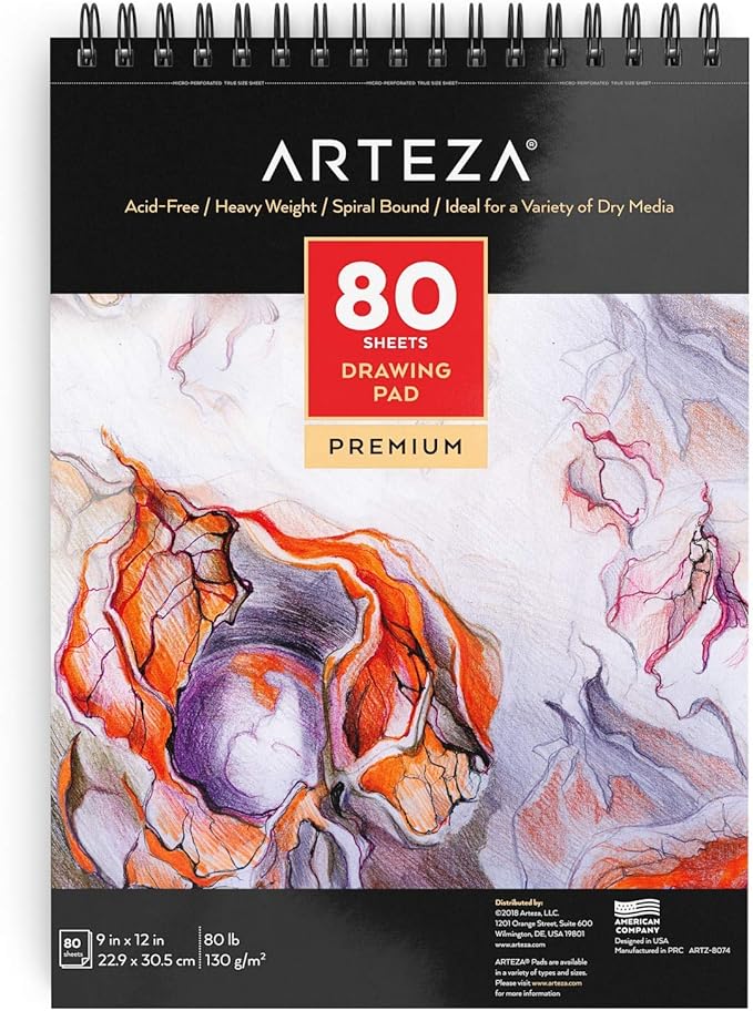 ARTEZA Drawing Paper Pad, 9 x 12 Inches, Pack of 1, 80 Sheets, Spiral Bound Artist Drawing Books, Durable Acid Free White Sketch Paper