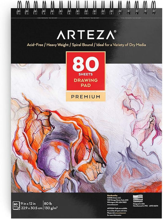ARTEZA Drawing Paper Pad, 9 x 12 Inches, Pack of 1, 80 Sheets, Spiral Bound Artist Drawing Books, Durable Acid Free White Sketch Paper