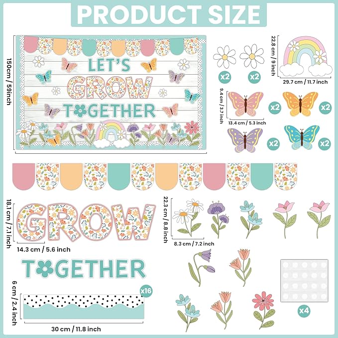 Spring Bulletin Board Decor Set Motivational Let's Grow Together Pastel Flower Butterfly Rainbow Classroom Cutout April Or May Bulletin Board for Back to School Home Nursery Chalkboard Wall Decor