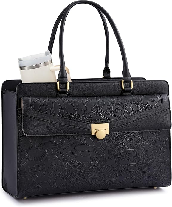 LOVEVOOK Laptop Tote Bag for Women - PU Leather Vintage Work Tote Bag,Waterproof Business Teacher Bag with Large Cup Holder