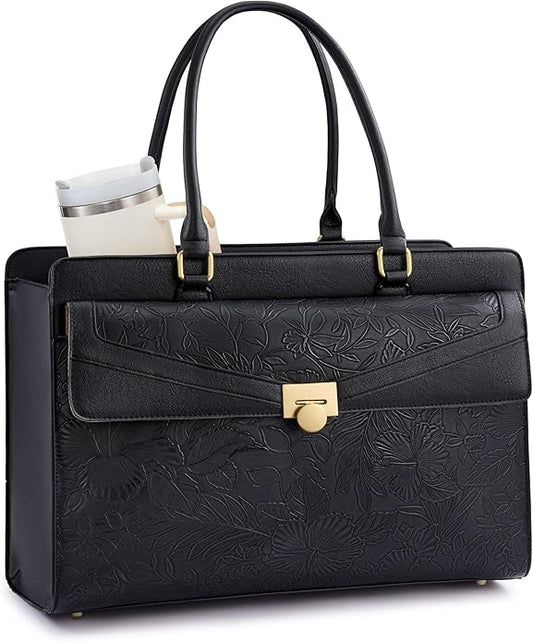LOVEVOOK Laptop Tote Bag for Women - PU Leather Vintage Work Tote Bag,Waterproof Business Teacher Bag with Large Cup Holder
