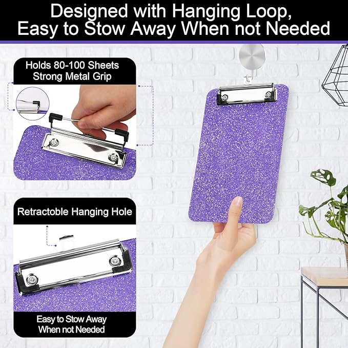 1 PCS A5 Size Clipboards,6x9 inches,Glitter Clipboard with Low Profile Clip,Sparkle Plastic Clipboard,Cute Hanging Clip Boards for Office Supplies