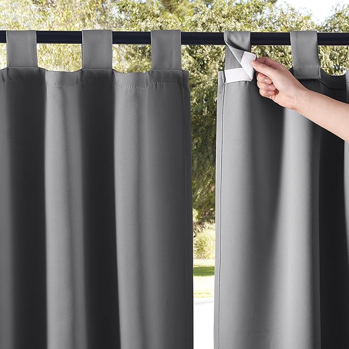NICETOWN 2 Pieces Extra Wide 84" Outdoor Curtainss for Patio Waterproof, Detachable Hook & Loop Self-Sticky Tab Top Blackout Outdoor Blinds Drapes Heavy Weight for Cabana/Terrace, 84" Long, Grey