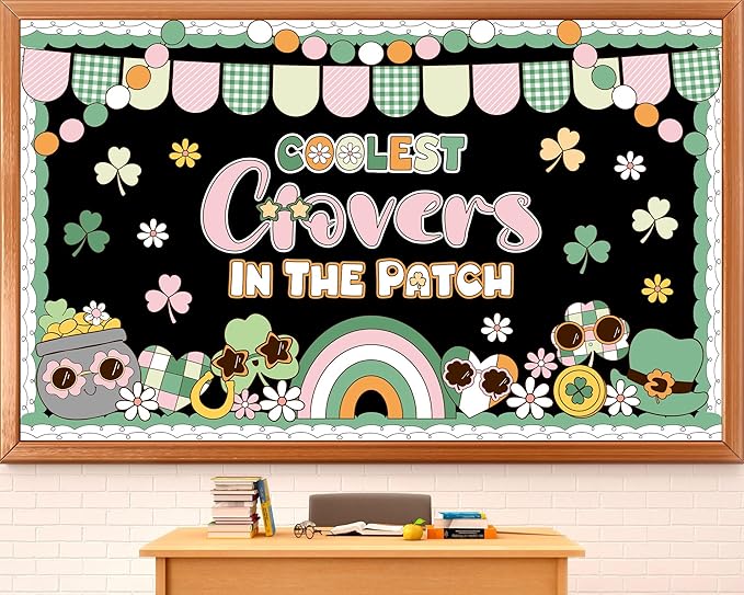 St. Patrick's Day Bulletin Board Decoration Boho Hippie Groovy Classroom Bulletin Board Set Lucky Shamrock Clover Rainbow Daisy Flower Paper Cutouts for Irish Holiday School Chalkboard Wall Door Decor
