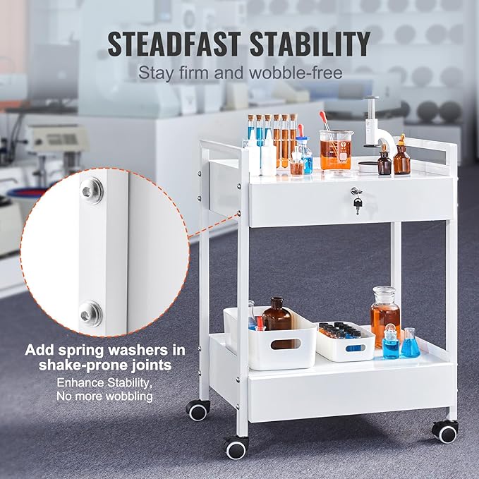 VEVOR Lab Cart, 2 Tiers Stainless Steel Utility Cart, Medical Cart with 2 Drawers, Rolling Lab Cart White Paint, Serving Cart with Swivel Casters for Laboratory, Hospital, Dental, Salon and Beauty